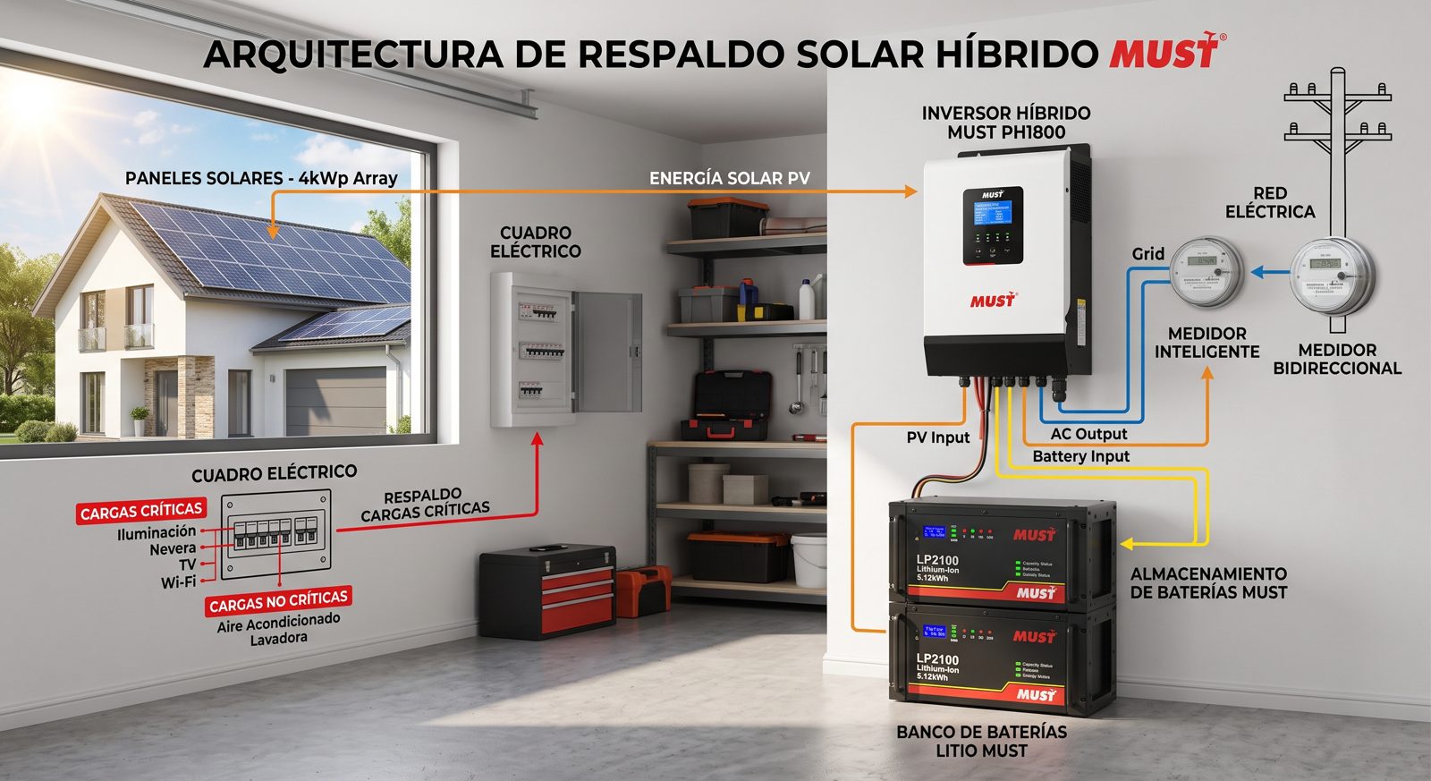 Arquitectura de respaldo solar híbrido: paneles, inversor, banco de baterías de litio y red eléctrica